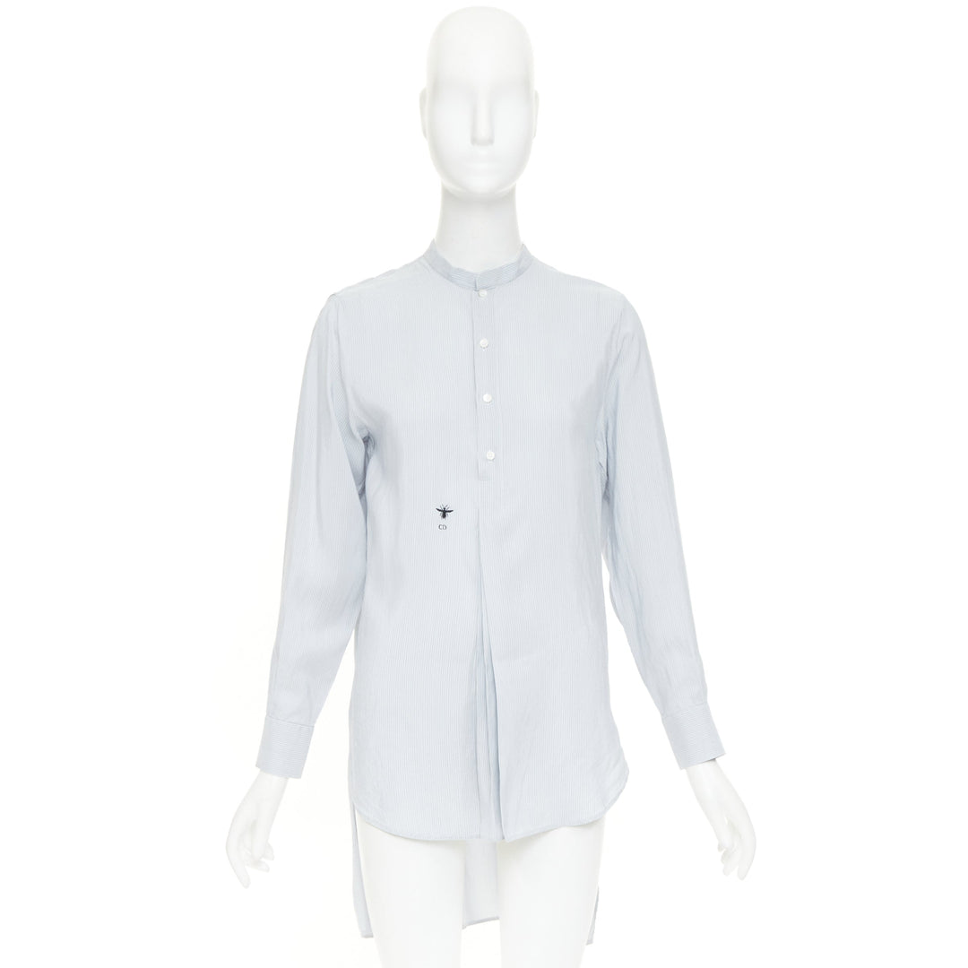 DIOR 100% silk light blue black striped bee embroidery high low shirt FR36 S