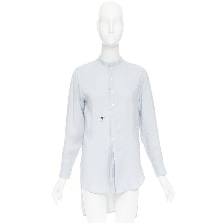 DIOR 100% silk light blue black striped bee embroidery high low shirt FR36 S