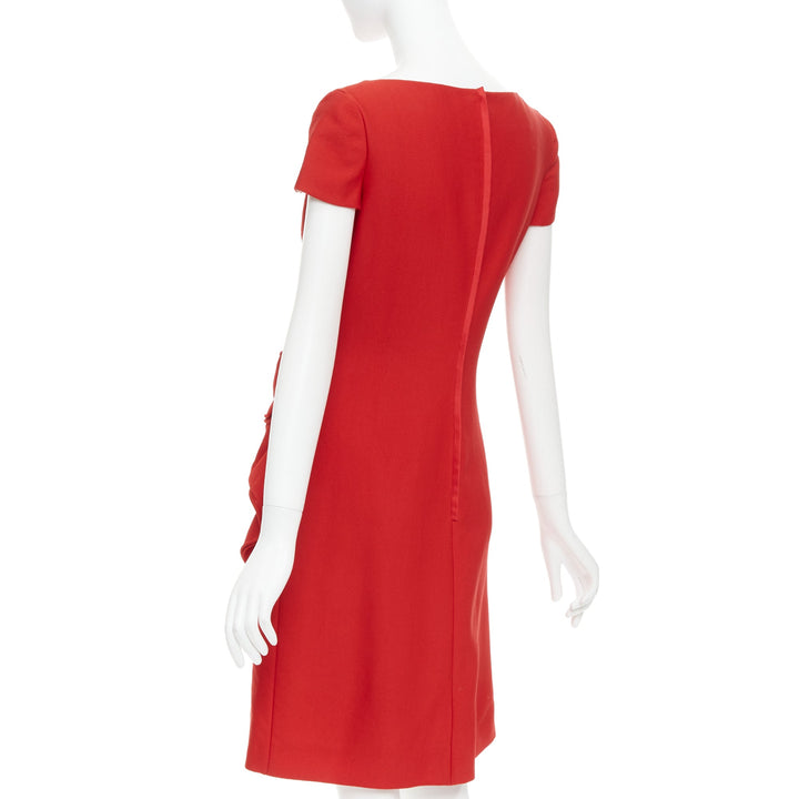 VALENTINO red silk ribbon bow ruffle drape cap sleeves dress US6 M