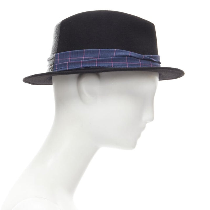 MAISON MICHEL black wool paint lacquered blue check ribbon fedora hat M 57cm