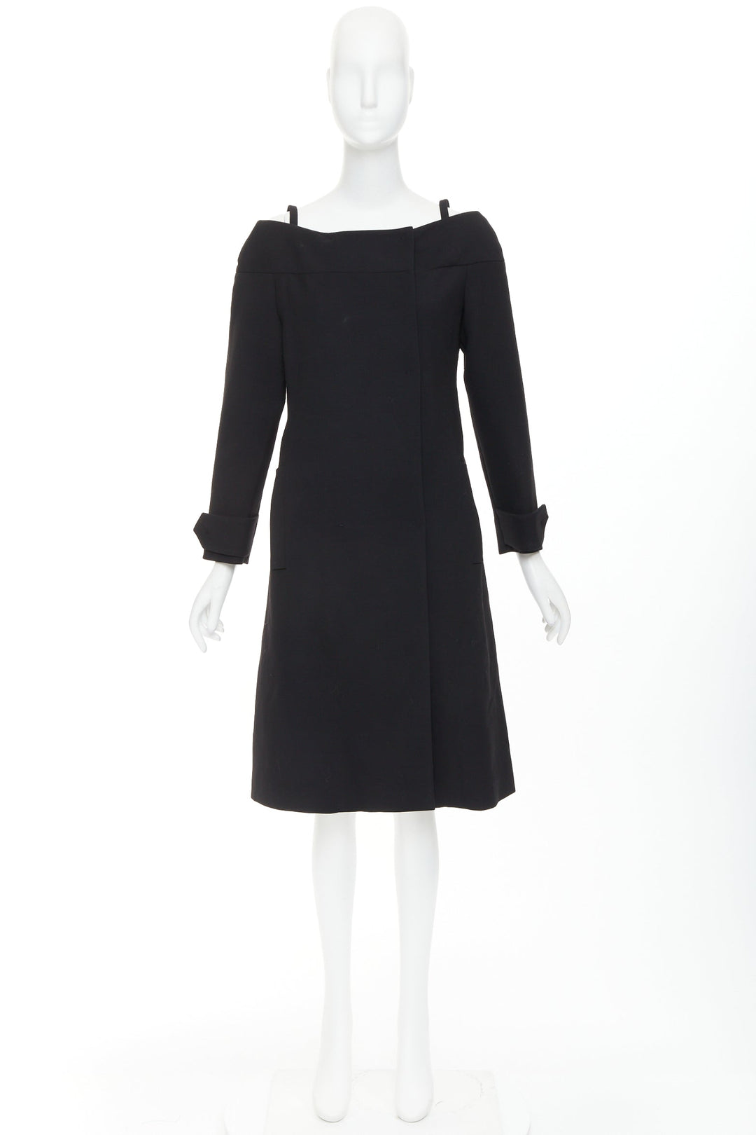 PRADA 2017 black virgin wool off shoulder minimalist coat dress IT40 S
