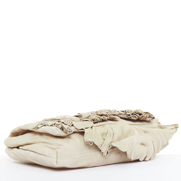 VALENTINO taupe leather crinkled petal rose applique flap crossbody bag