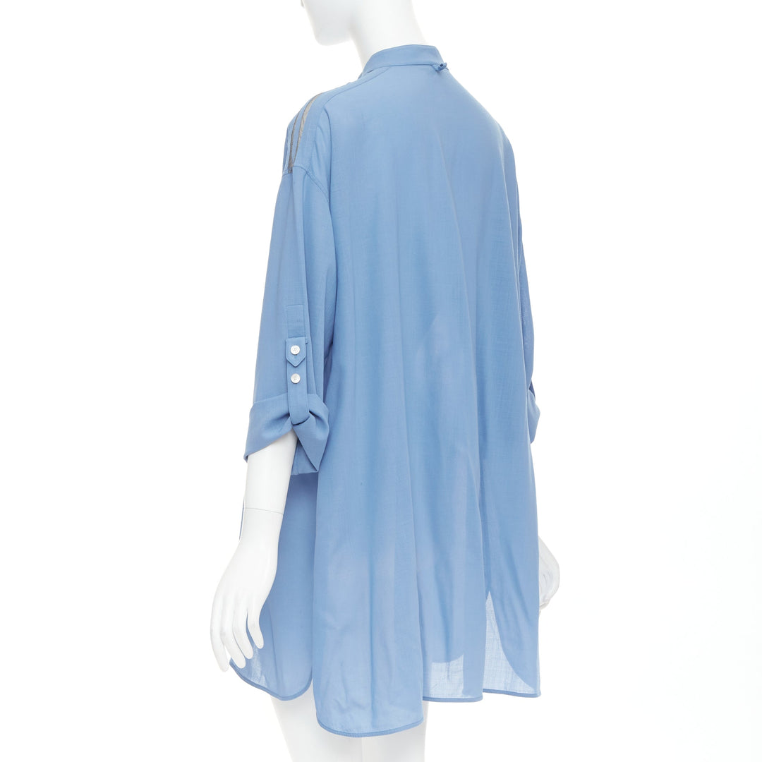 HERMES blue virgin wool band collar rolled tab sleeves tunic shirt dress FR36 S