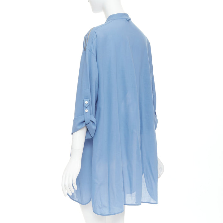 HERMES blue virgin wool band collar rolled tab sleeves tunic shirt dress FR36 S