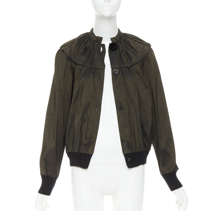 LANVIN 2006 olive green silk blend ruched rib contrast blouse overshirt FR36 S