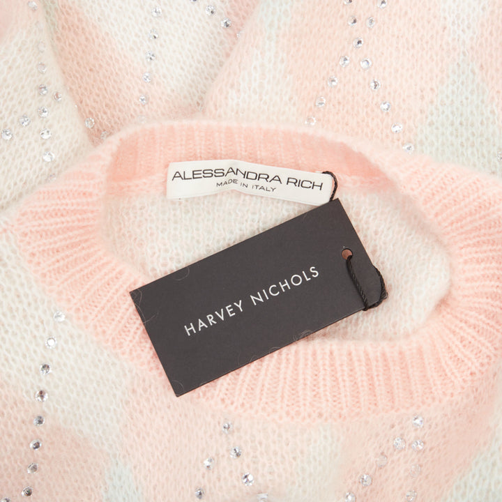 ALESSANDRA RICH Crystal pink argyle checked mohair blend top IT38 XS