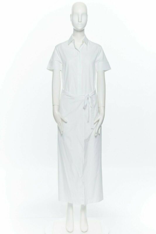 ROSETTA GETTY white cotton maxi long shirt dress apron fold minimal tie US0 XS