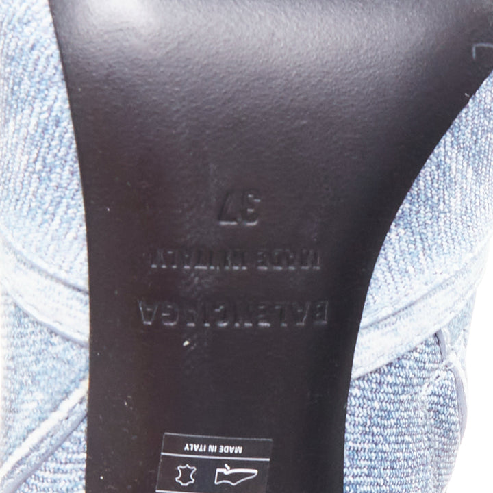 BALENCIAGA Cagole blue denim printed leather silver stud moto tall boots EU37