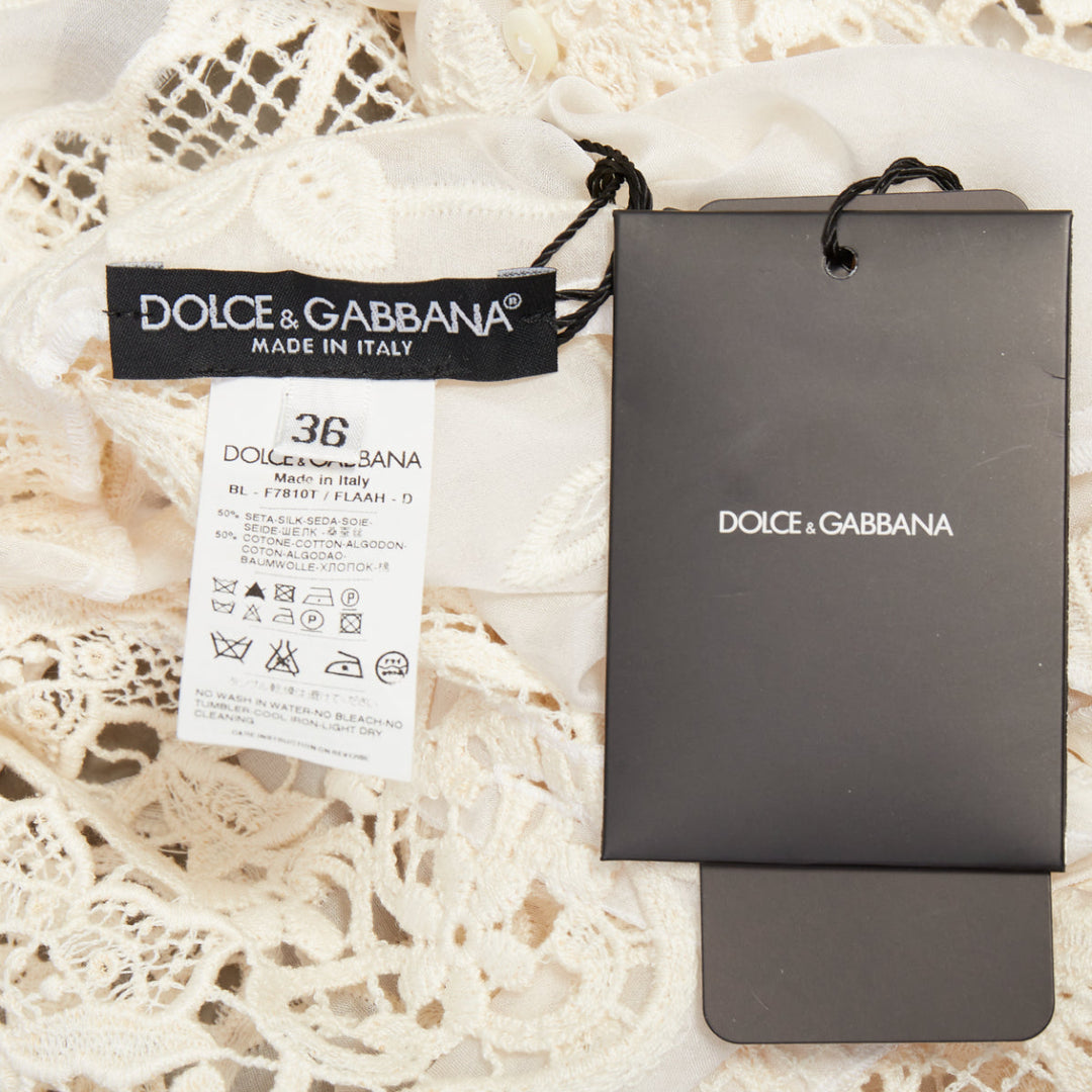 DOLCE GABBANA white beige silk cotton floral embroidered lace crew top IT36 XXS