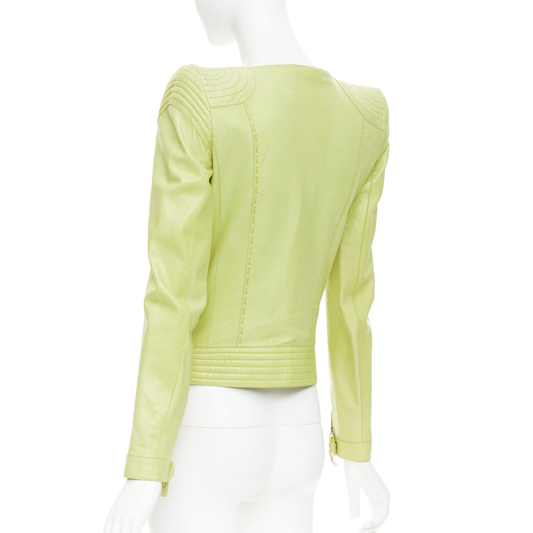 ROBERTO CAVALLI lime green leather moto power shoulder biker jacket IT38 XS