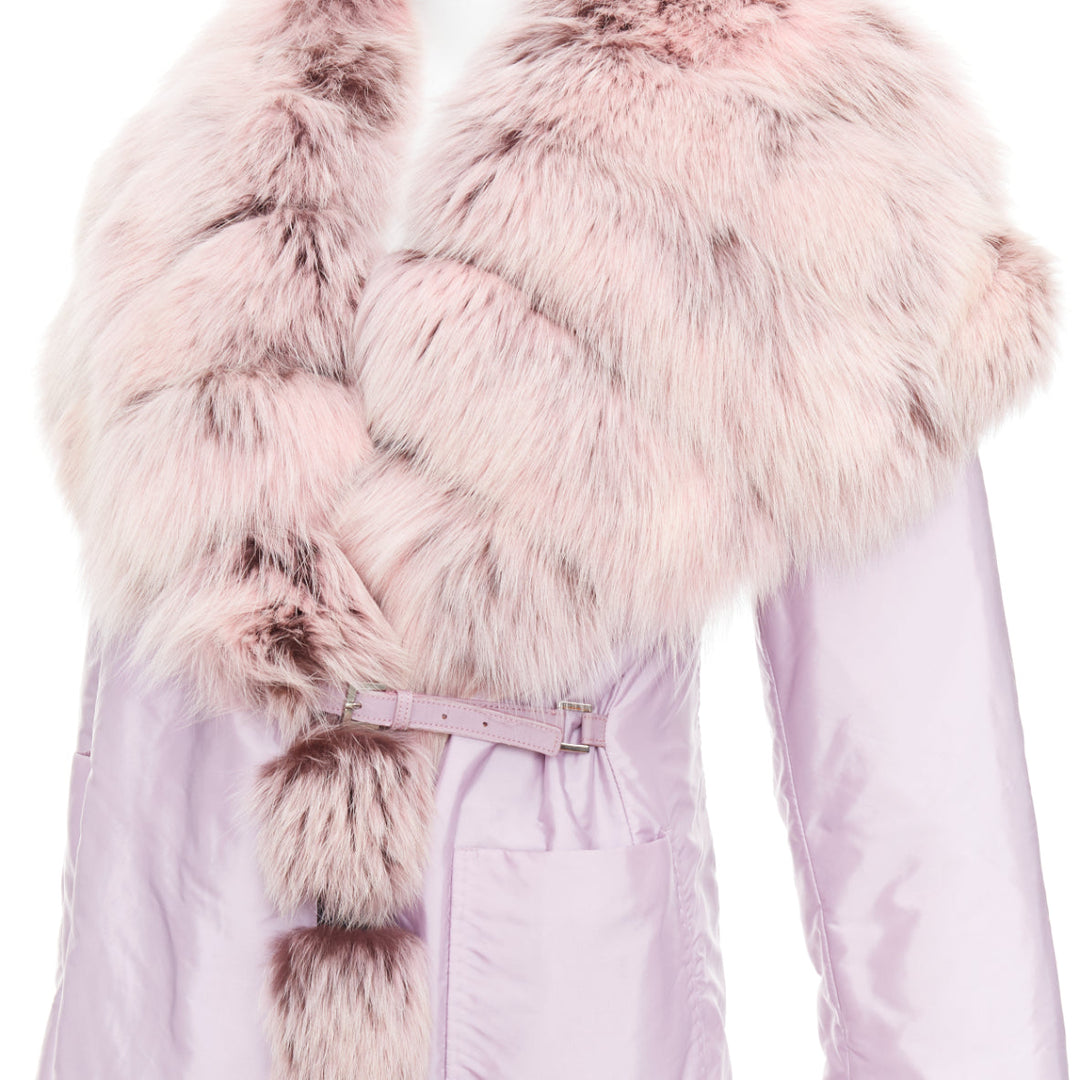 ERMANNO SCERVINO pink fur collar purple nylon wool lined robe coat IT38 XS