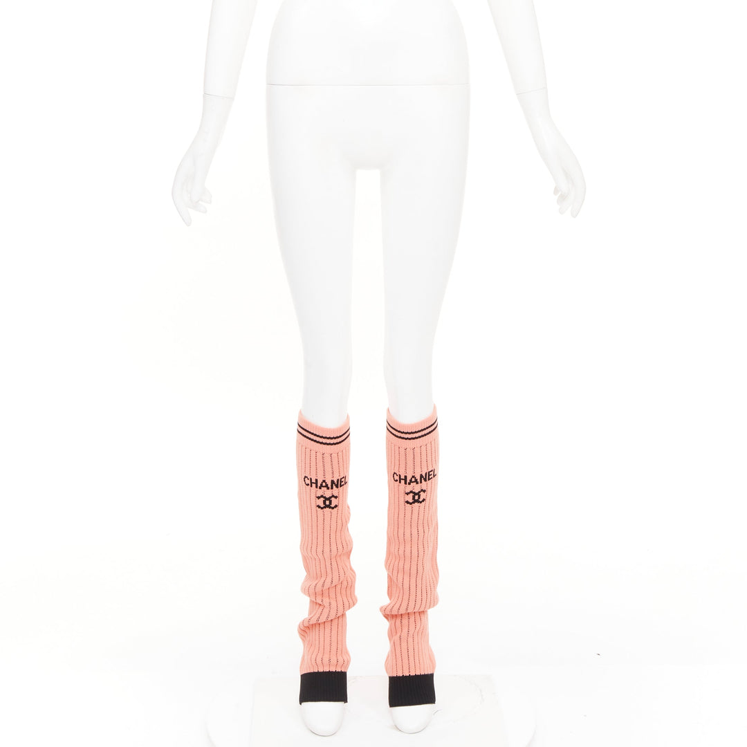 CHANEL 24C Runway CC logo pink black ribbed knit striped trim leg warmers OS