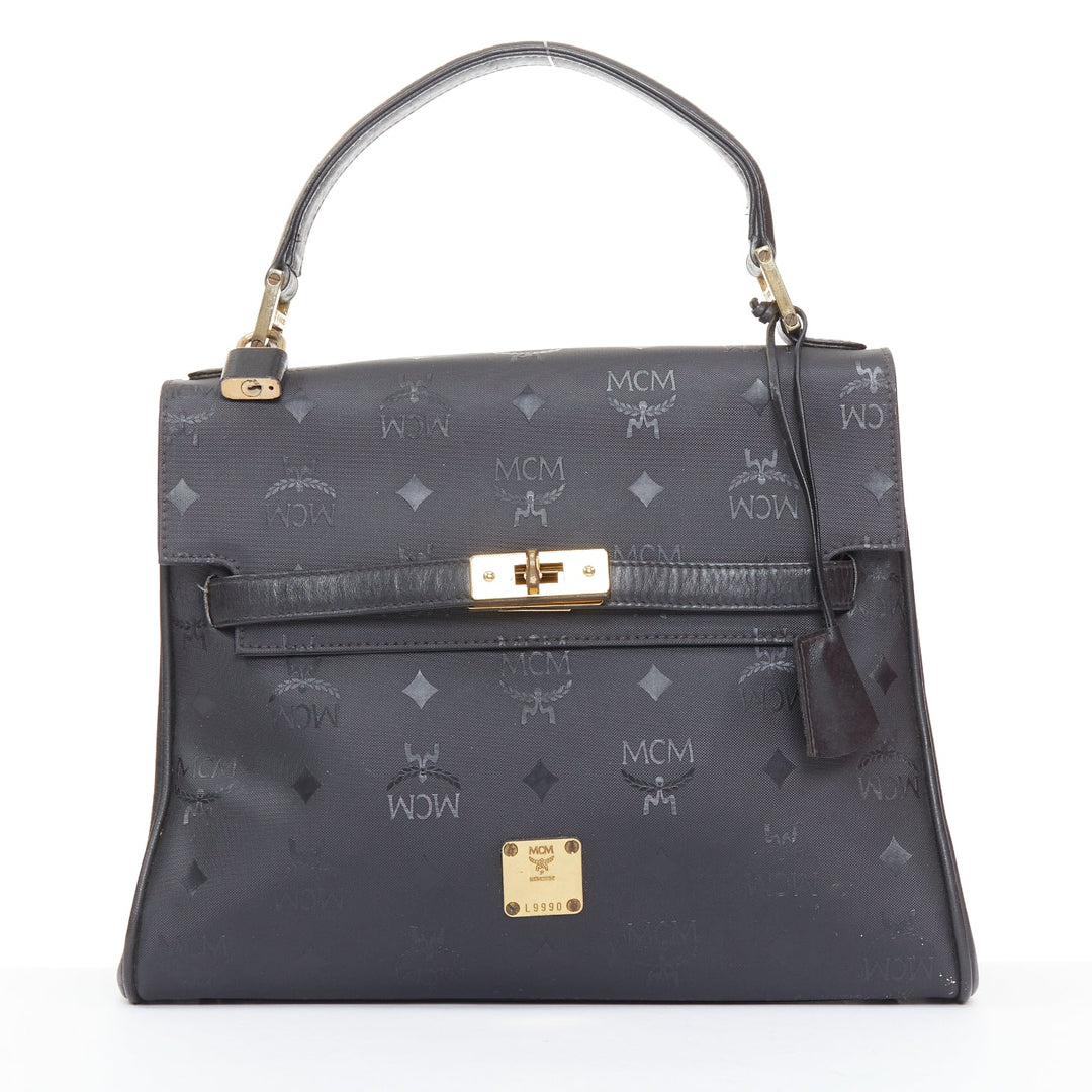MCM Vintage Kelly black Visetos  monogram nylon leather trim GHW turnlock bag