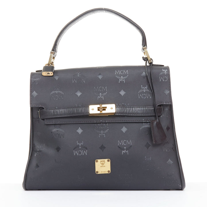 MCM Vintage Kelly black Visetos  monogram nylon leather trim GHW turnlock bag