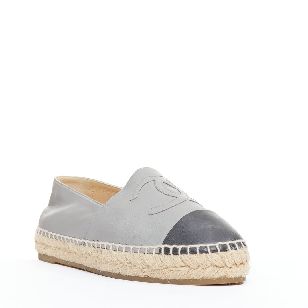 CHANEL bicolor grey lambskin leather black cap toes CC espadrilles shoes EU39