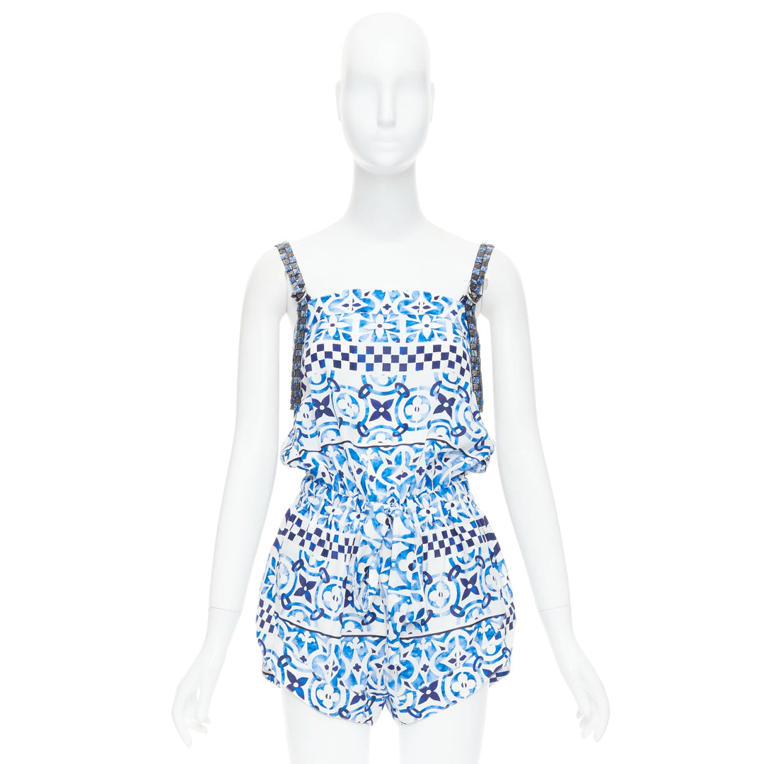 LOUIS VUITTON Monogram Tile silk white blue majolica beaded playsuit FR34 XS