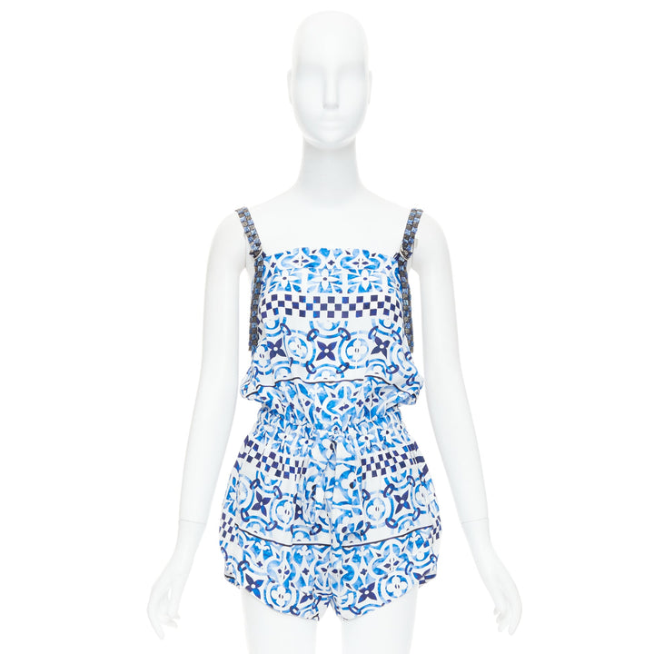 LOUIS VUITTON Monogram Tile silk white blue majolica beaded playsuit FR34 XS