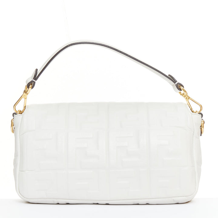 FENDI 2023 Runway Medium Baguette FF embossed white nappa leather bag