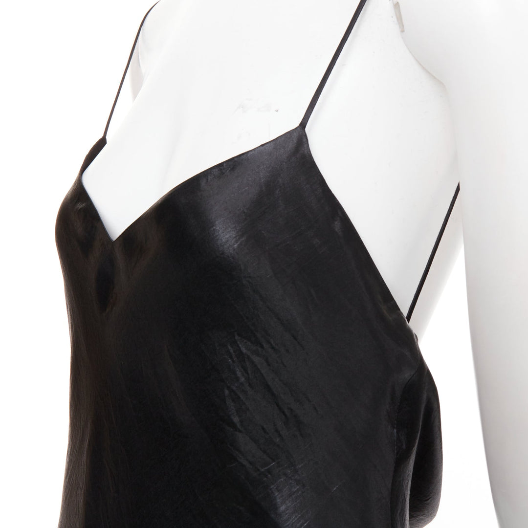 SAINT LAURENT 2023 Runway black iridescent satin plunge cowl back dress FR42 XL