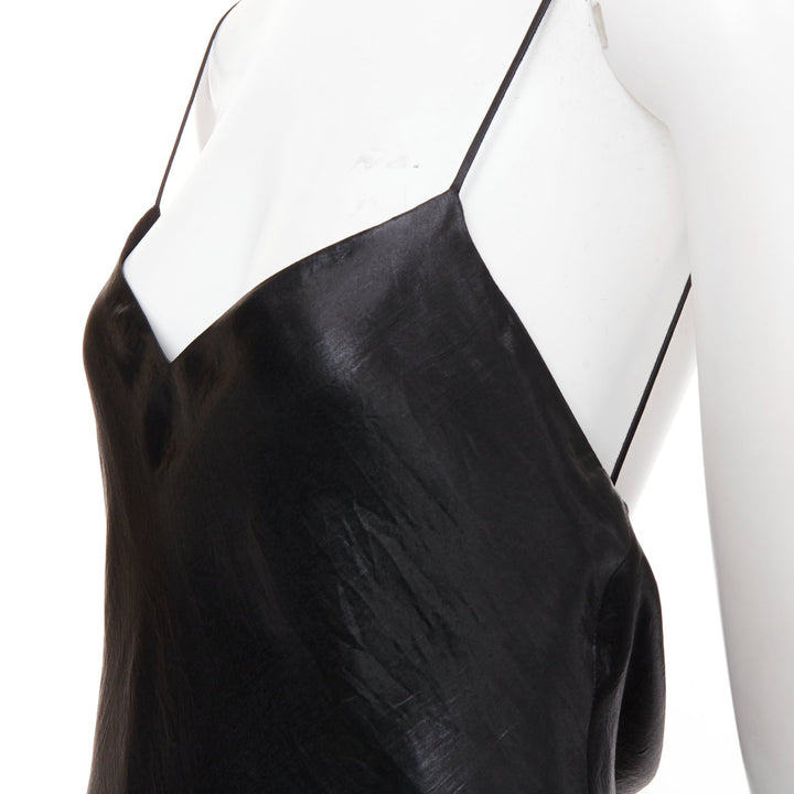 SAINT LAURENT 2023 Runway black iridescent satin plunge cowl back dress FR42 XL