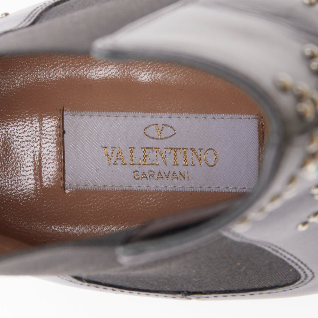 VALENTINO black leather turquoise blue stone star studded ankle boots EU40