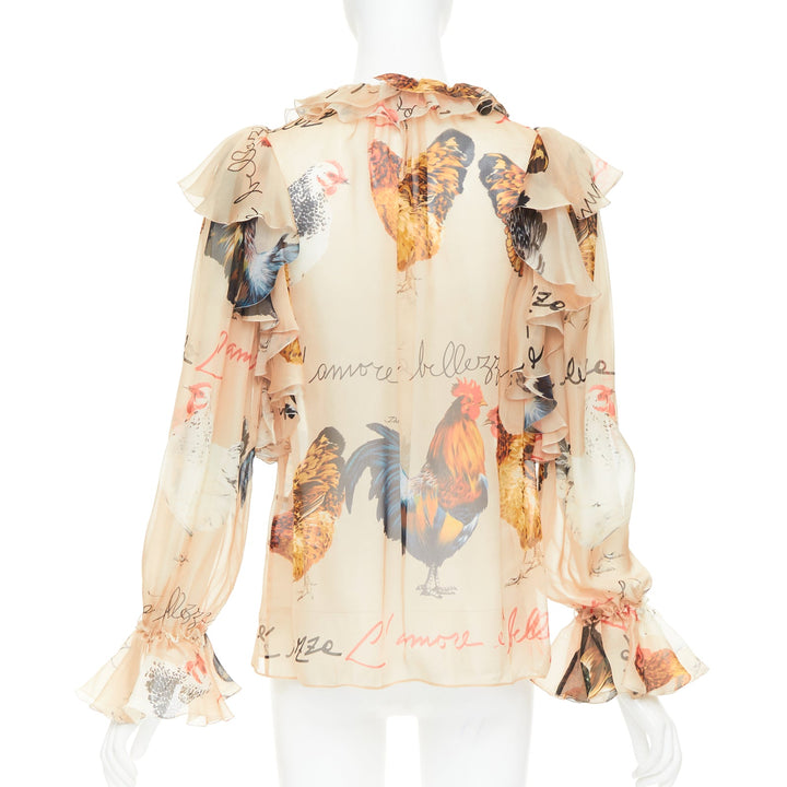 DOLCE GABBANA 100% silk beige chiken hen print sheer ruffled blouse IT38 XS