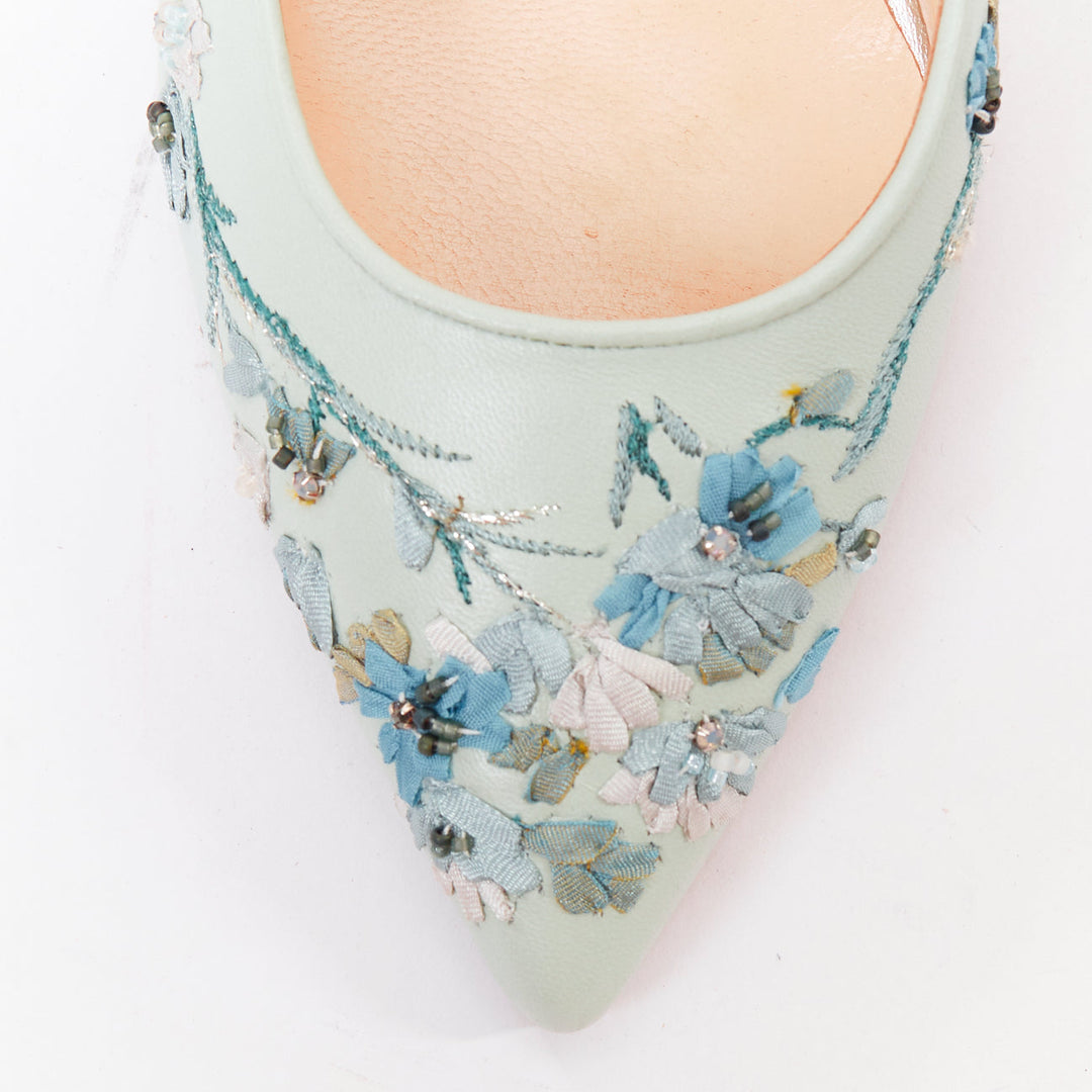 SHIATZY CHEN mint green leather embroidered floral sling pumps EU36