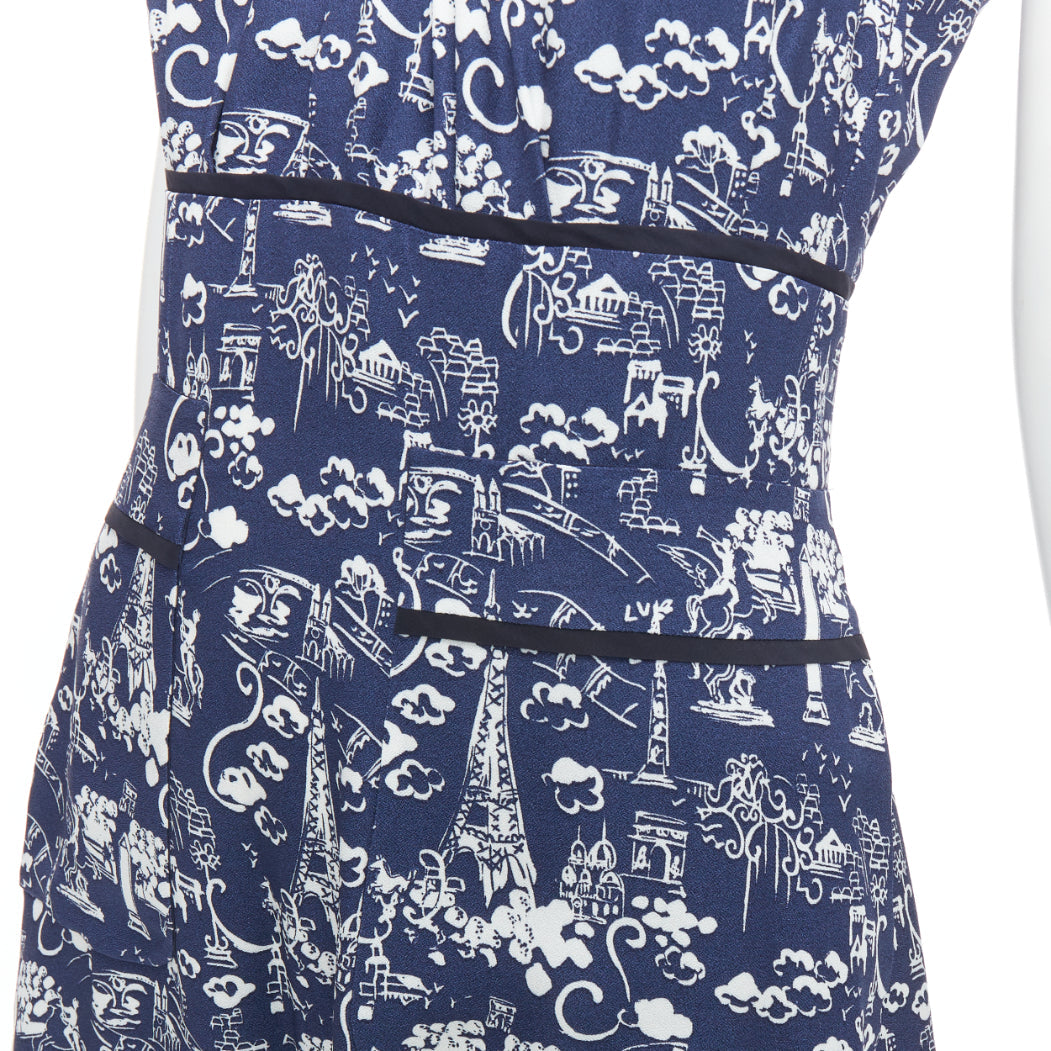 LOUIS VUITTON navy Paris City print embellished neckline dress FR36 S