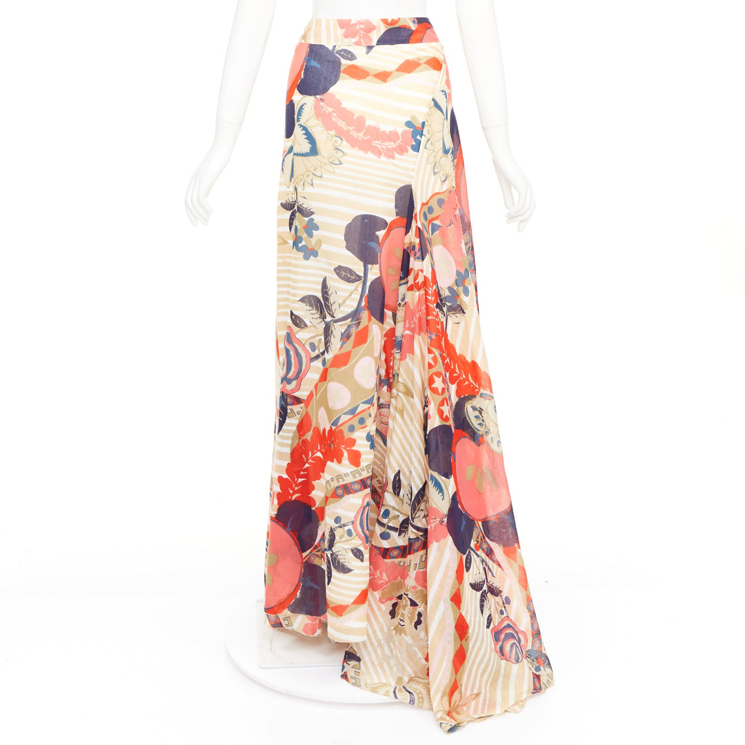 CHRISTIAN LACROIX stripe floral kaleidoscope print cotton silk skirt FR46 3XL