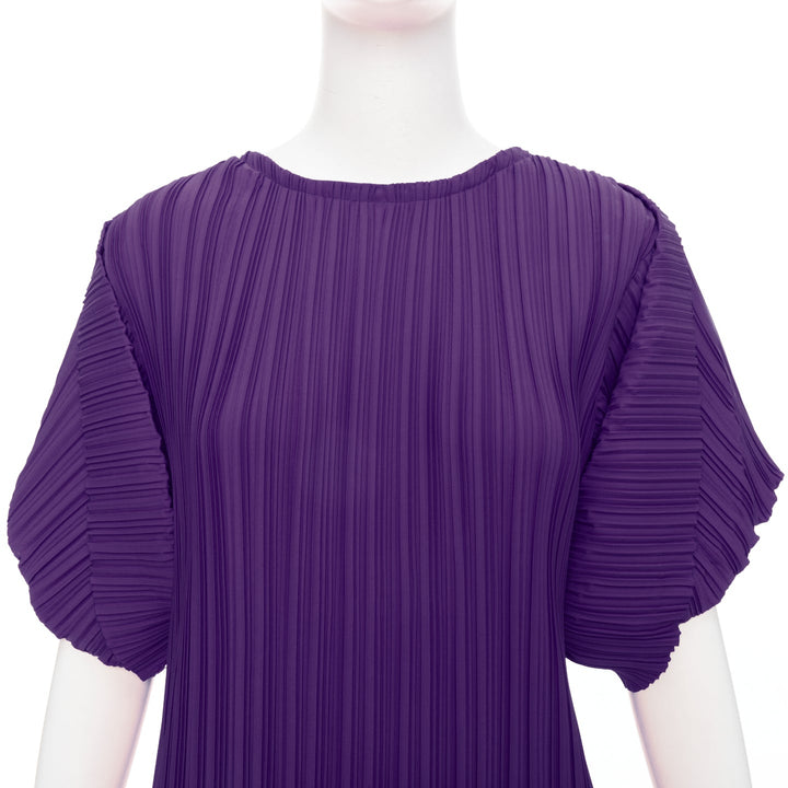 BAMBAH Beach purple plisse puff half sleeve crew neck midi dress