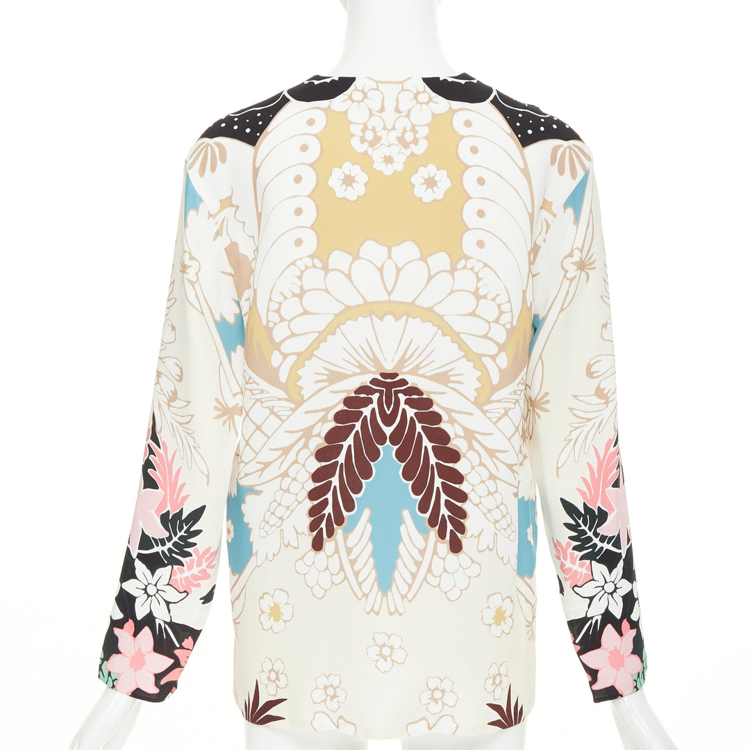 VALENTINO beige floral 18th century tapestry v neck tunic silk blouse IT36 XXS