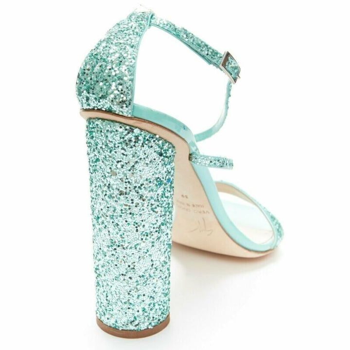 GIUSEPPE ZANOTTI 2019 Tara sky blue glitter square toe chunky heel sandals EU39