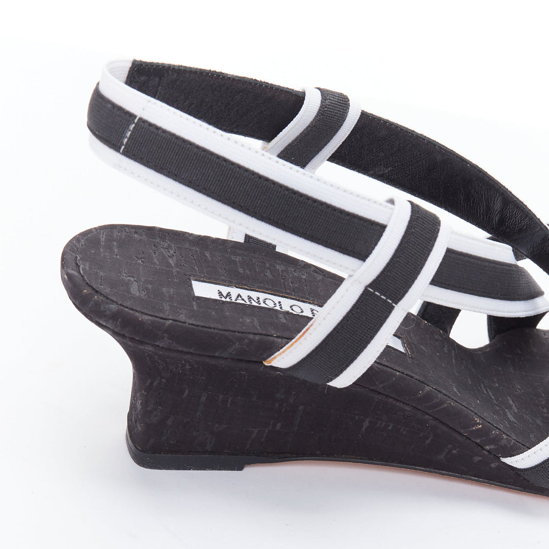 MANOLO BLAHNIK Lasti black white criss cross elastic wedges EU39