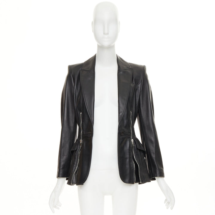 ALEXANDER MCQUEEN 2021 Zip Detail Peplum black lambskin leather blazer IT40 S