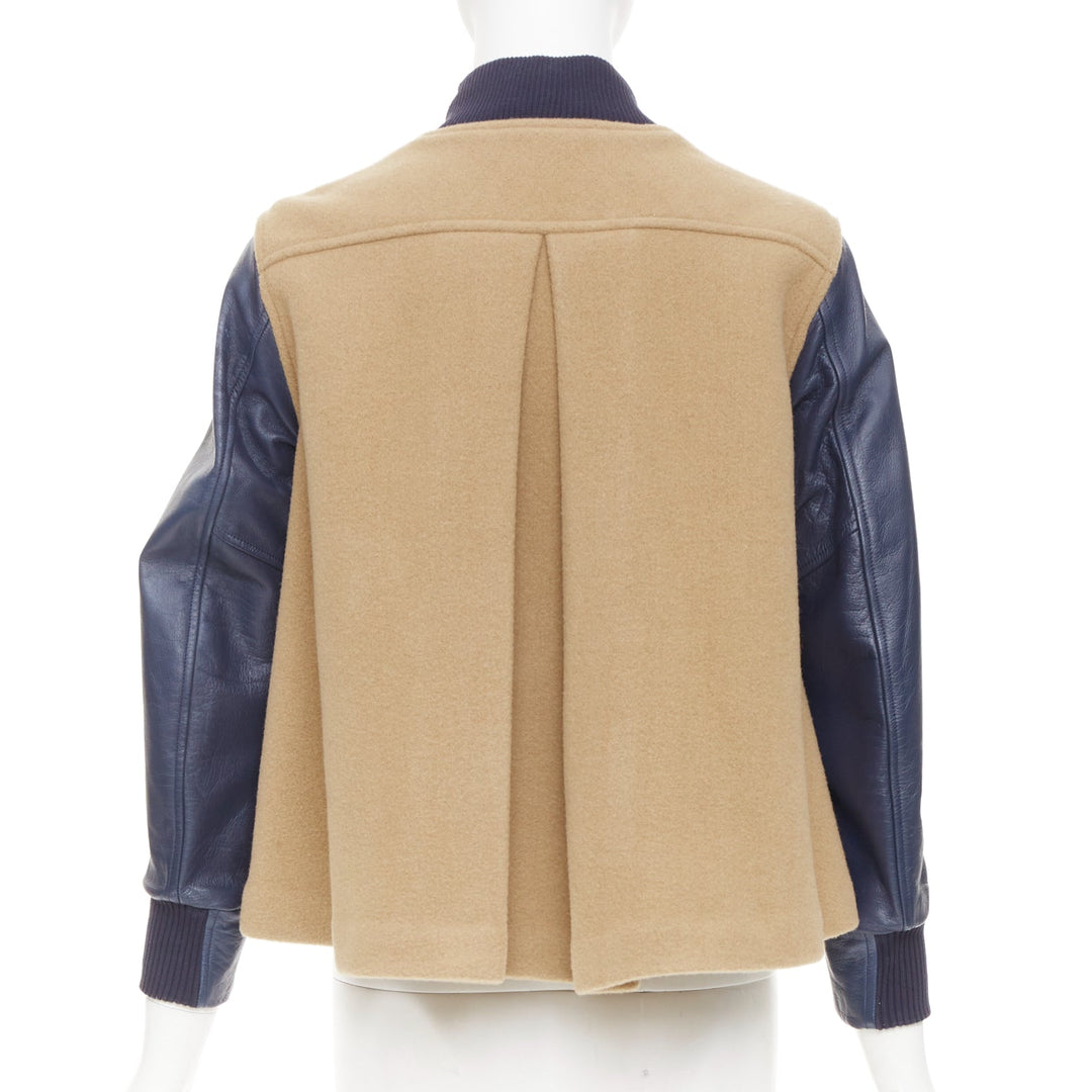 SACAI LUCK camel wool leather sleeve flared collegiate bomber jacket JP1 S