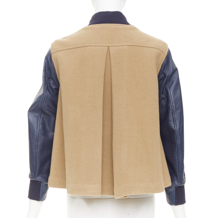 SACAI LUCK camel wool leather sleeve flared collegiate bomber jacket JP1 S