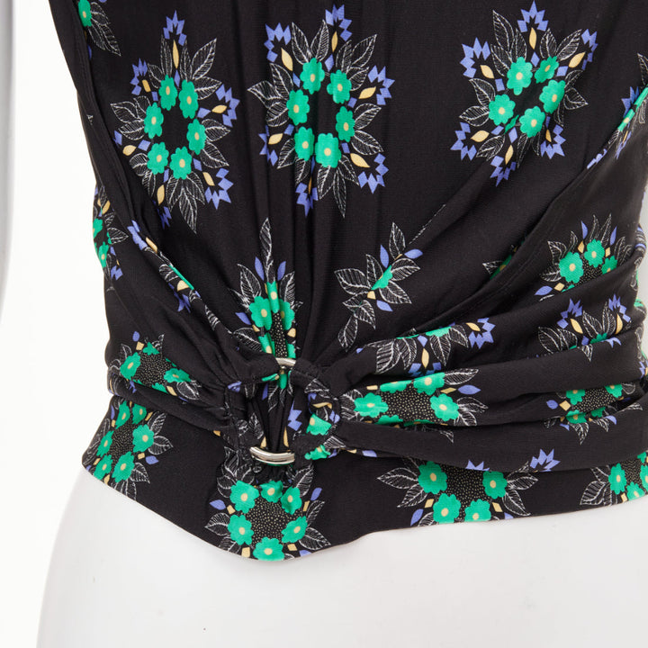 PACO RABANNE Geometric Floral asymmetric ring drape cap sleeve top FR34 XS