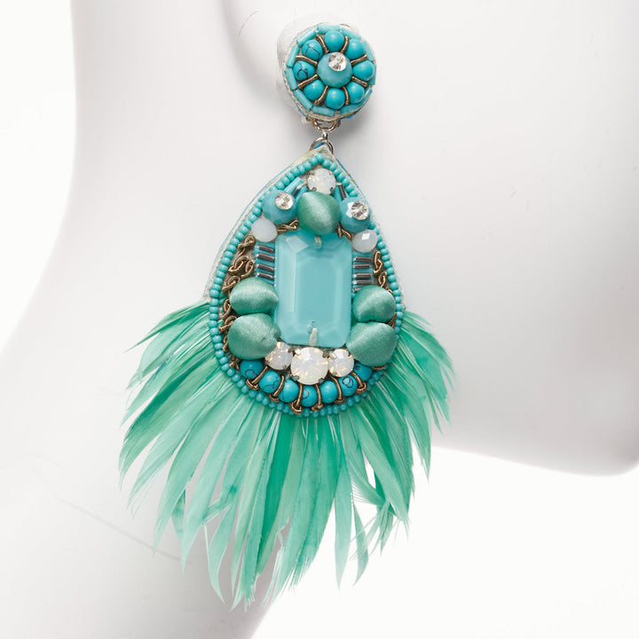 RANJANA KHAN teal green feather beads big dangling clip on earrings