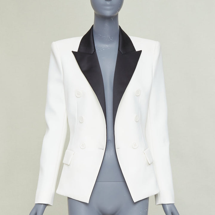 ALEXANDRE VAUTHIER off white black satin lapel double breasted tuxedo jacket