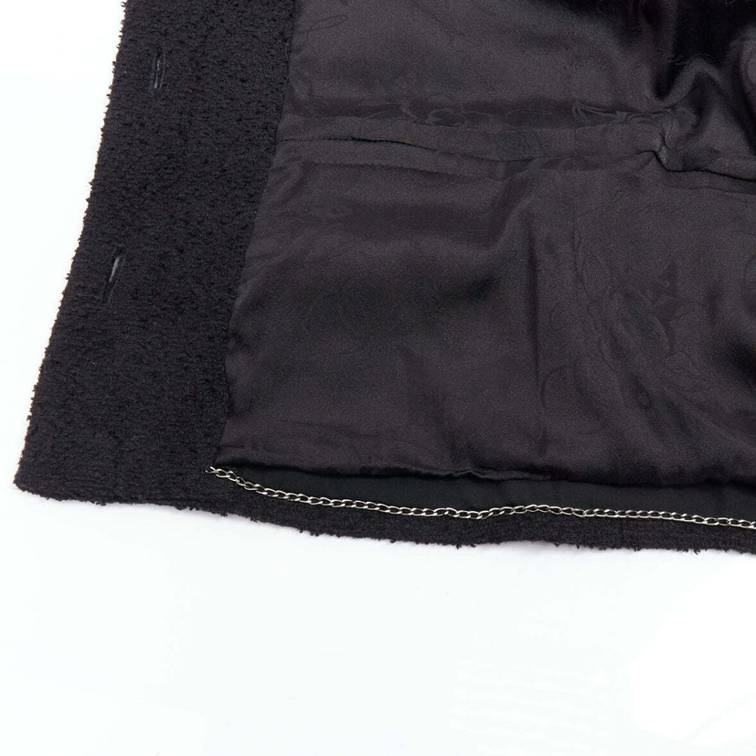 CHANEL 08A Runway black tweed braided fringe tromp loeil 4 pocket jacket FR46