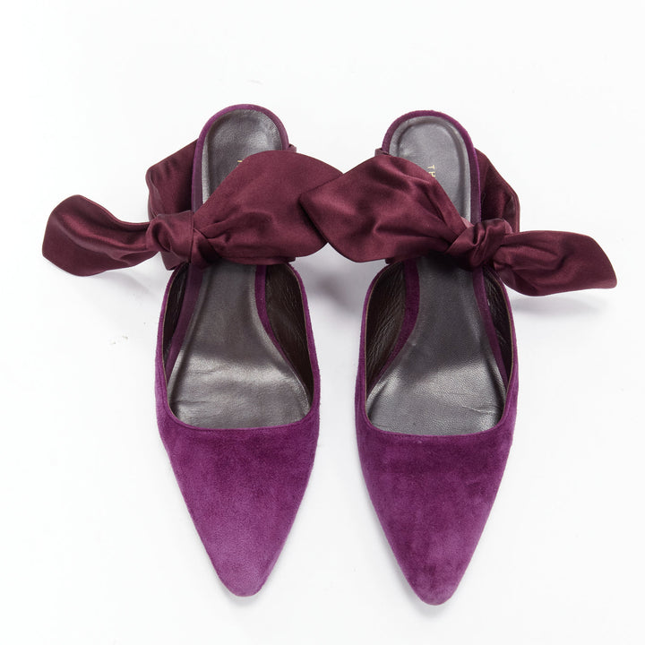 THE ROW Coco Bow purple velvet silk tie kitten mule heels EU37.5