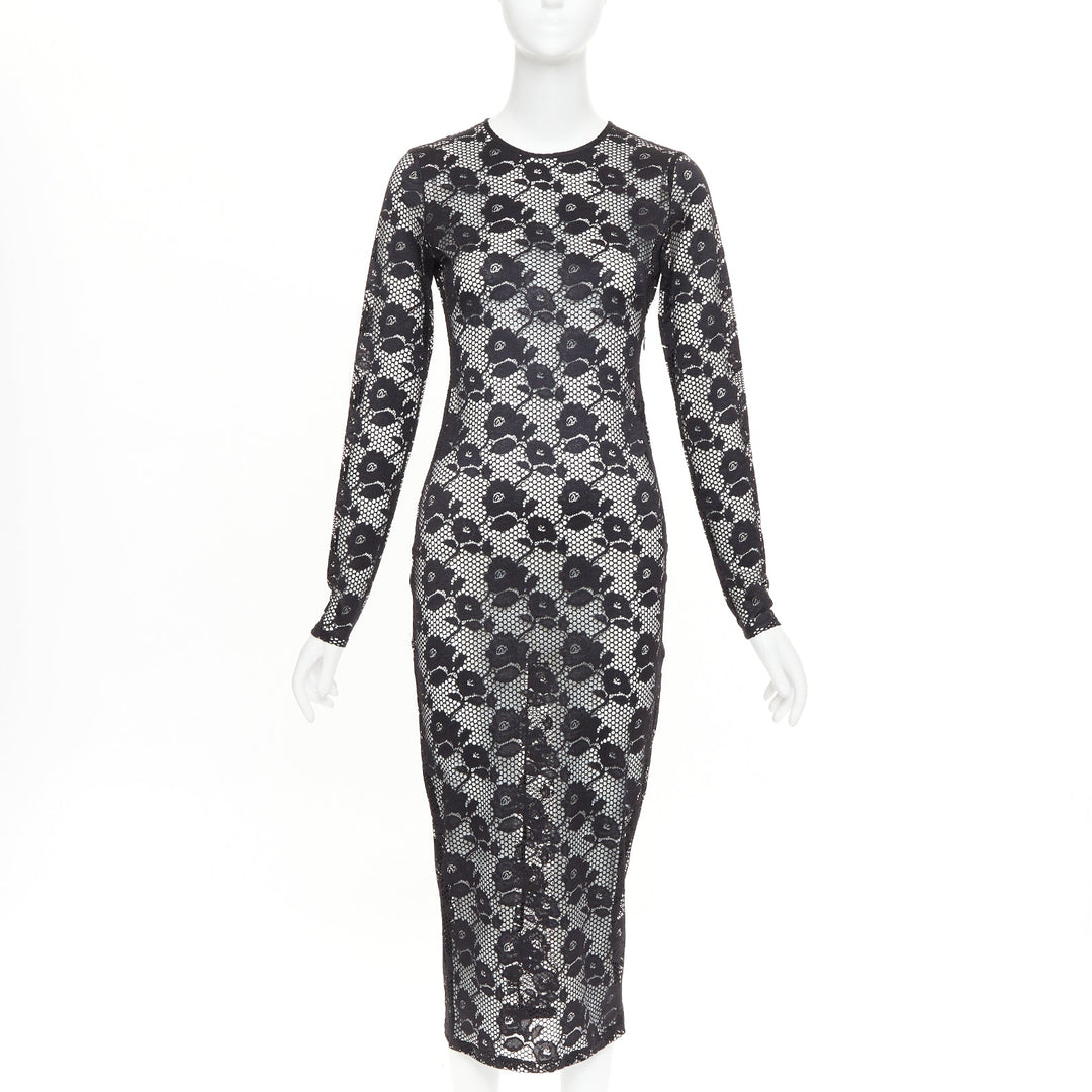 FLEUR DU MAL black lattice floral lace mesh crew neck long sleeve midi dress S