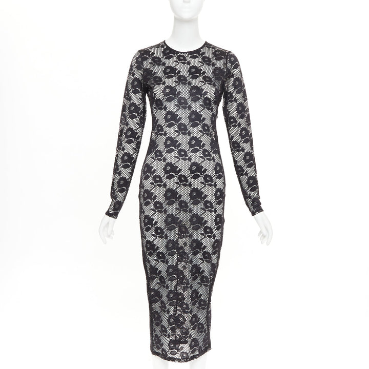 FLEUR DU MAL black lattice floral lace mesh crew neck long sleeve midi dress S