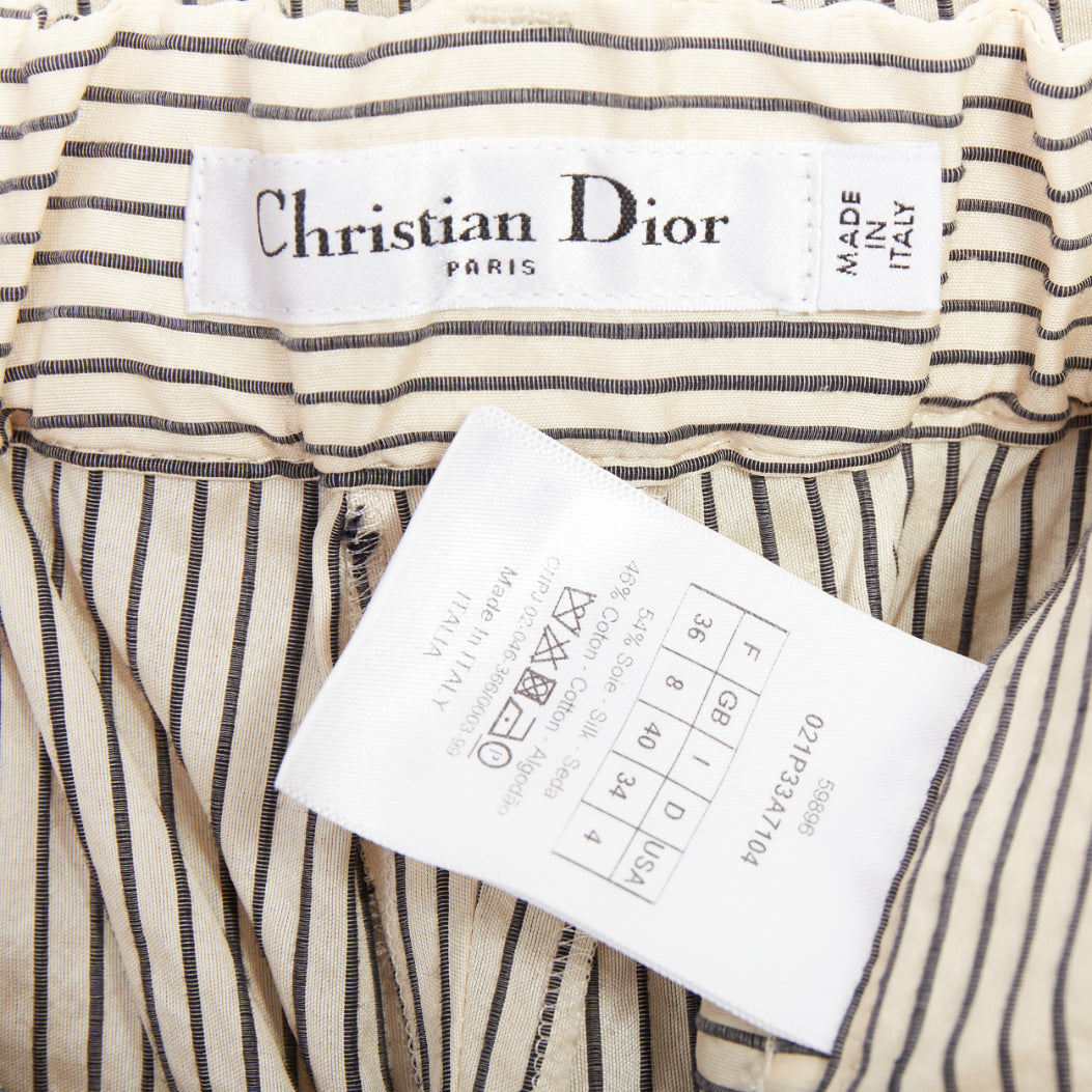 CHRISTIAN DIOR beige navy silk cotton striped cropped wide pants FR36 S