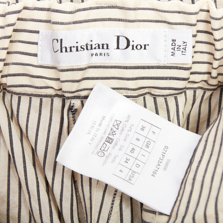CHRISTIAN DIOR beige navy silk cotton striped cropped wide pants FR36 S