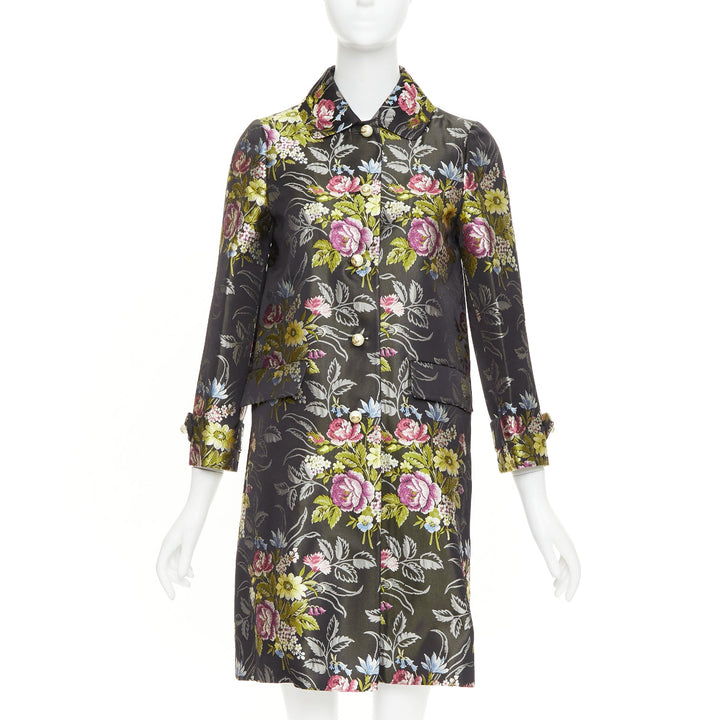 GUCCI 2016 Runway black silk floral jacquard GG pearl evening coat IT38 XS