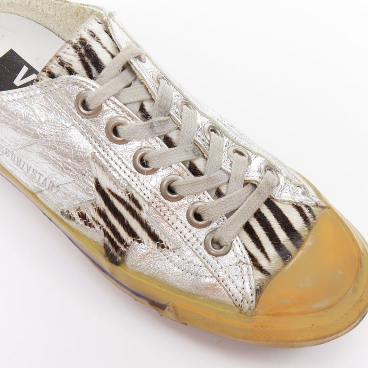 GOLDEN GOOSE May grey suede leopard calf hair silver lace distress sneakers EU37