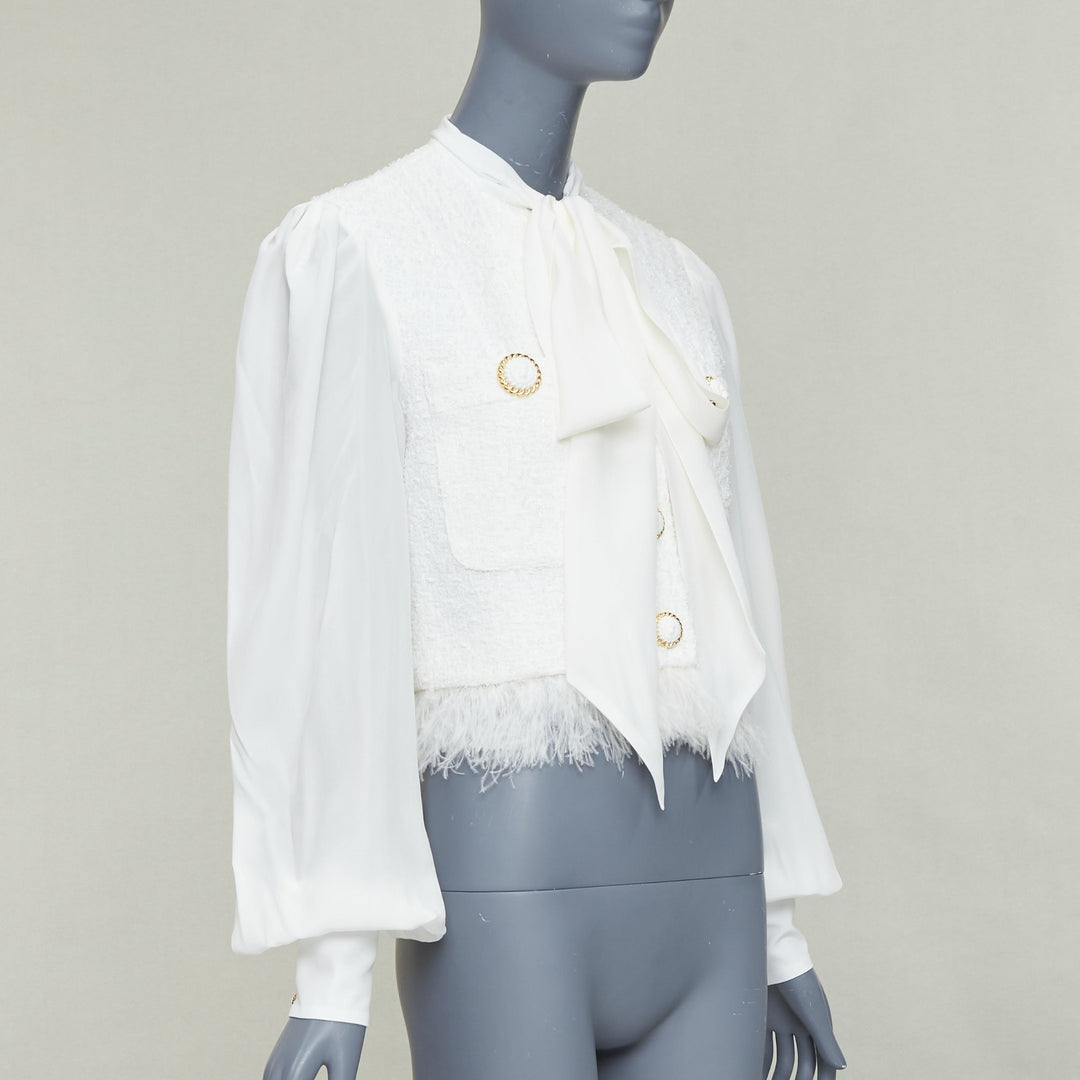 BALMAIN 2024 cream tweed silk sleeves gold lion buttons feather jacket FR36 S