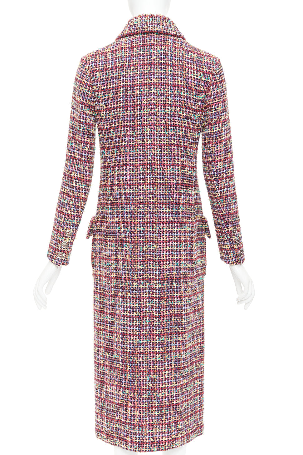 CHANEL 23A Runway multicolor wool blend tweed flap pockets long coat FR36 S