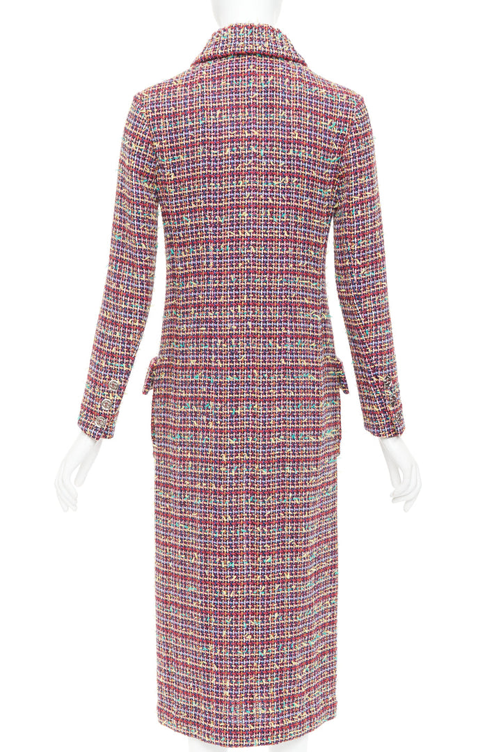 CHANEL 23A Runway multicolor wool blend tweed flap pockets long coat FR36 S